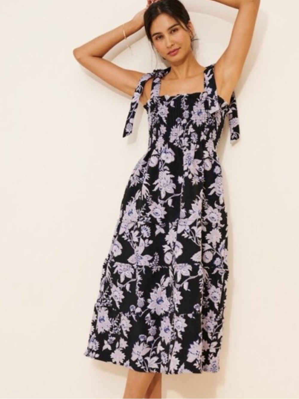 Hill House- The Nap dress- Black Midi Dress with Lilac Floral Print